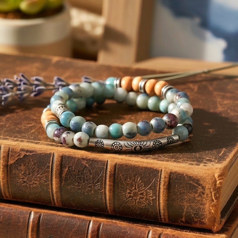 Earth Tone Boho Beaded Double Loop Stretch Bracelet Silver Plated Alloy Tube - Picture 7 of 13
